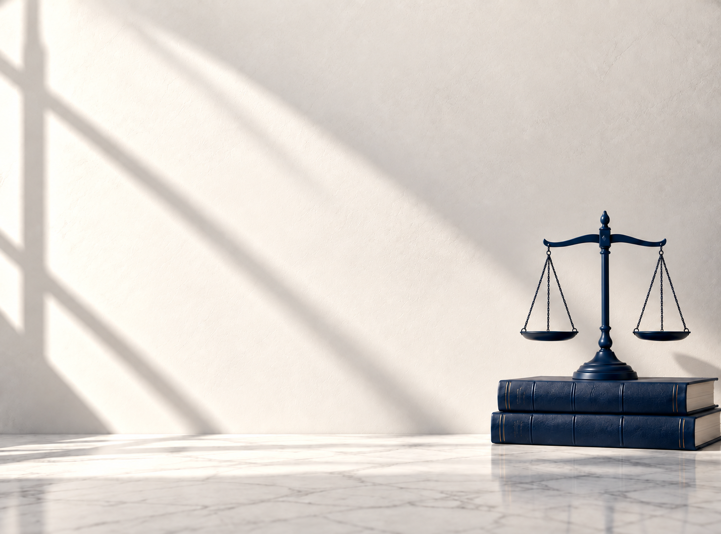 Dunkelblaue Justitia-Waage auf Rechtsbüchern vor einer hellen Wand