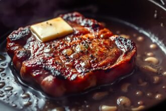 Steak braten in einer heißen Pfanne