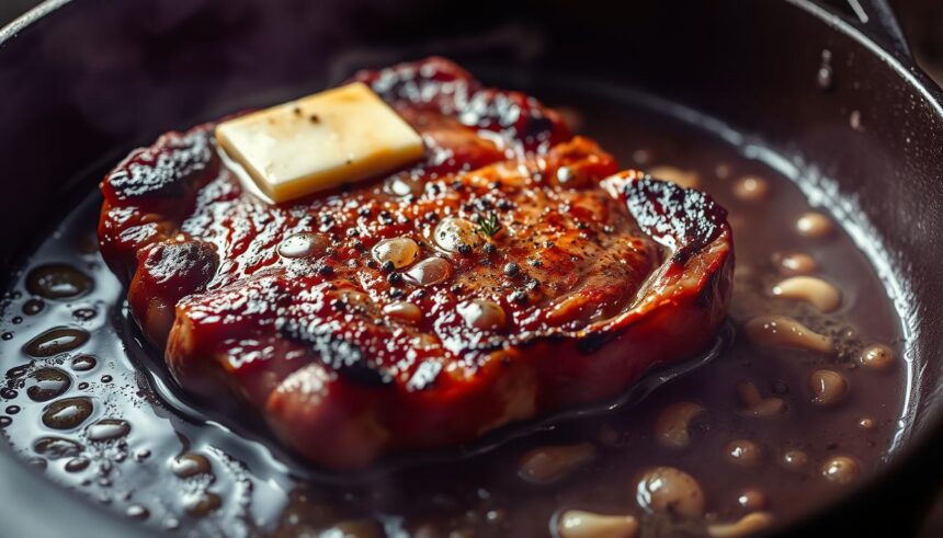 Steak braten in einer heißen Pfanne