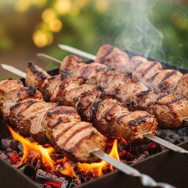 Saftige Schaschlik-Spieße grillen auf einem Mangal über glühender Holzkohle im Garten