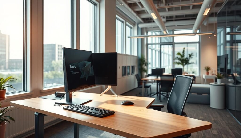 Moderne Arbeitsplatzgestaltung in digitaler Büroumgebung Moderne Arbeitsplatzgestaltung in digitaler Büroumgebung