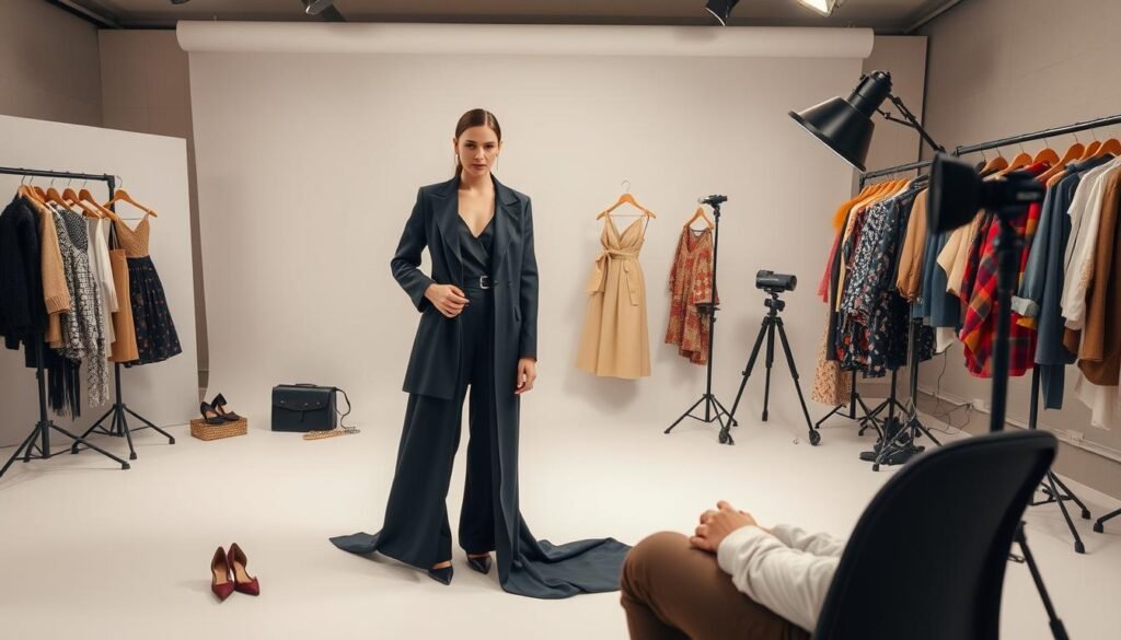 Fashion Stylist bei der Arbeit mit Modedesign Fashion Stylist bei der Arbeit mit Modedesign