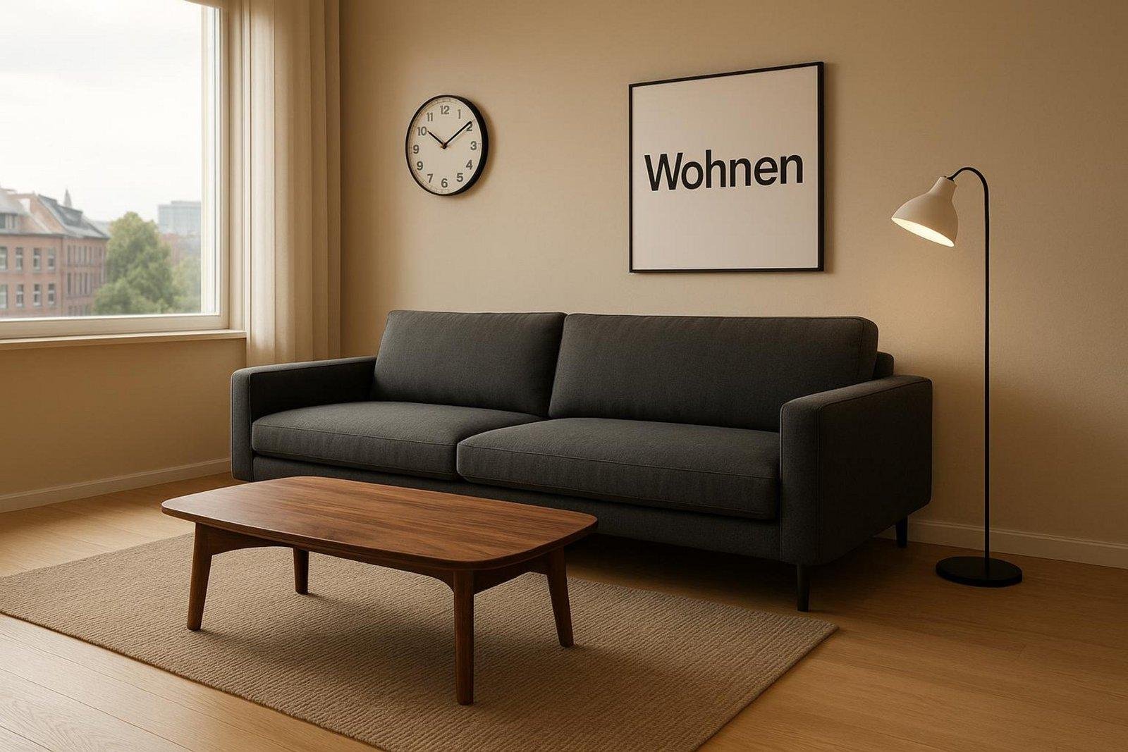 Graue Couch mit Holztisch und Bild im Hintergrund