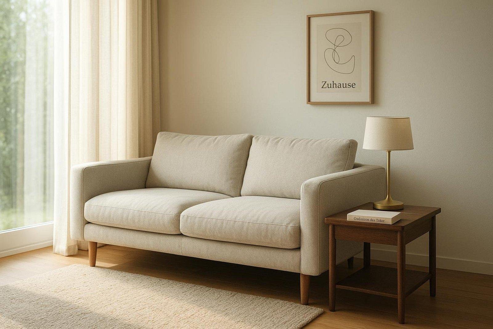 Beige Couch mit Foto im Hintergrund