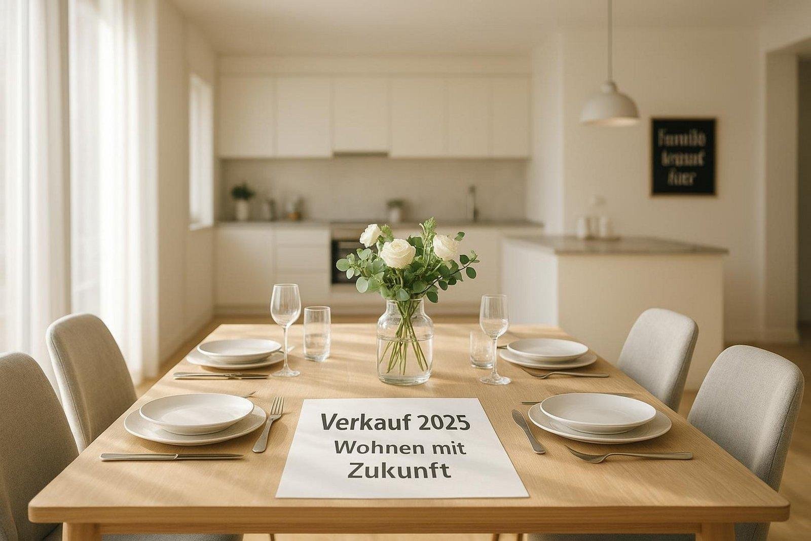 Esstisch mit Blatt und Schrift drauf.