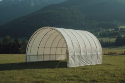 Mobile Rundbogenhalle als fliegender Bau auf Wiese vor Bergen