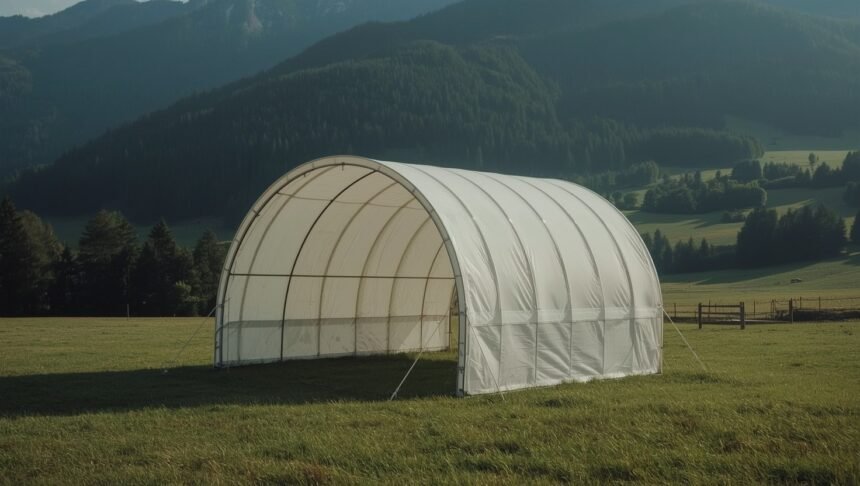 Mobile Rundbogenhalle als fliegender Bau auf Wiese vor Bergen